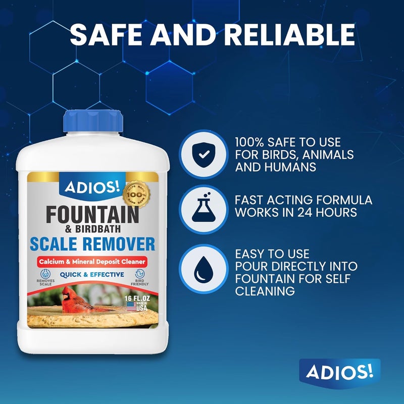 ADIOS! ! Fountain Scale Remover for Calcium, Lime and Hard Water Deposits on Bird Fountains, Baths and Water Features (16 oz) - Image 4